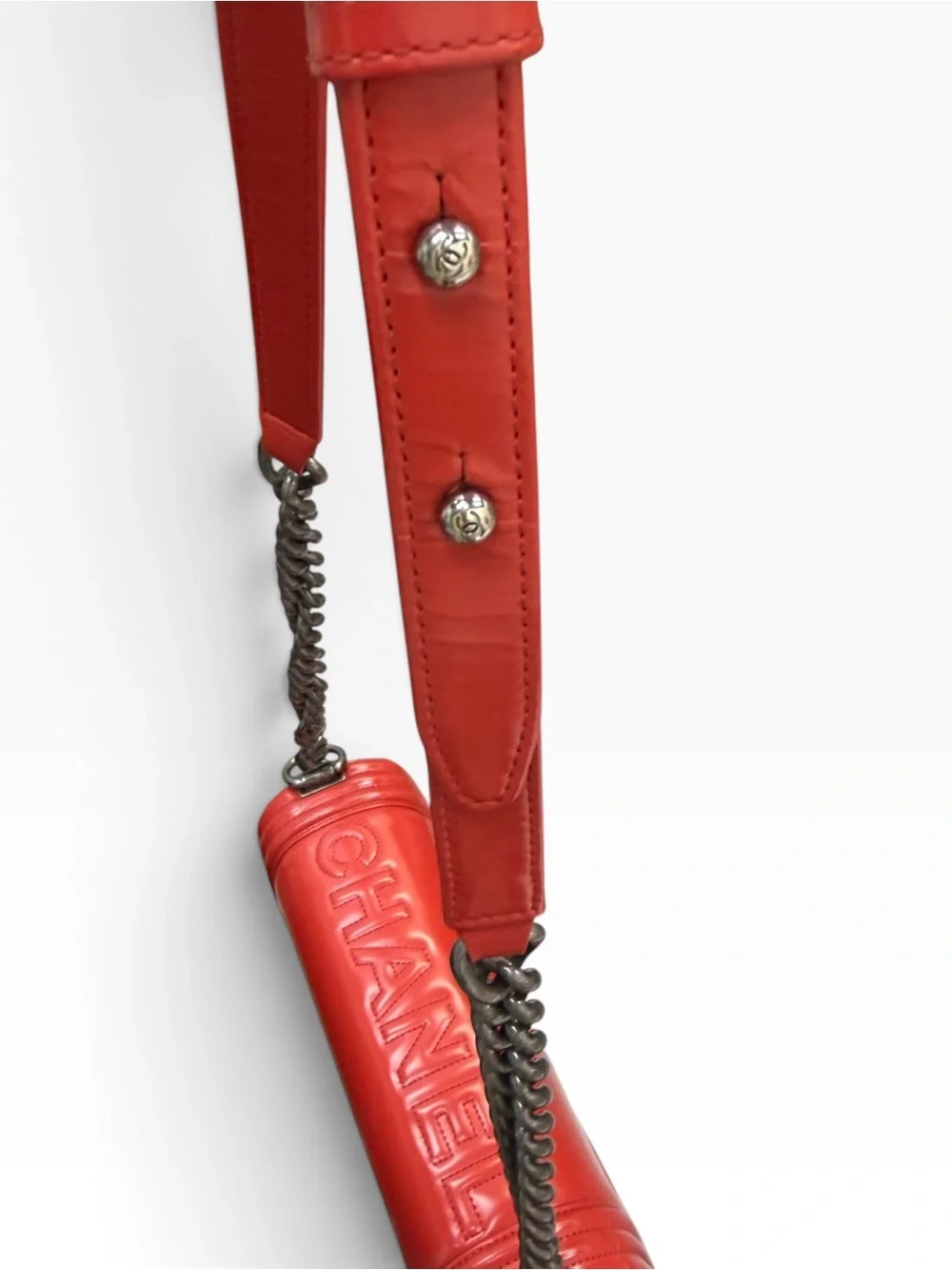Authentic Chanel Medium Boy Red Glazed Calfskin Flap Bag